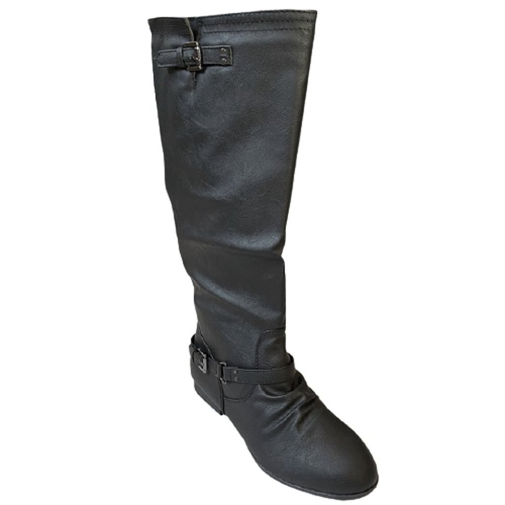 TRENDSUP Women's Knee High Stylish Buckle Strap Fashion Low Heel Dress Boots